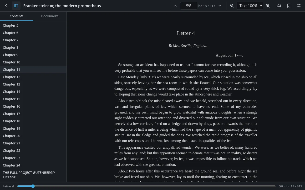 Alexandrea's Library reading Frankenstein in seamless scroll with the chapter list open